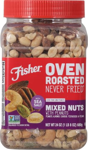 Fisher Oven Roasted Never Fried Mixed Nuts with Peanuts, 24 Ounces (Pack of 2), Peanuts, Almonds, Cashews, Pistachios, Pecans, Snacks for Adults, Made With Sea Salt, No Added Oils, Artificial Ingredients or Preservatives, Trail Mix, Gluten Free