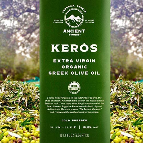 Ancient Foods Keros Greek Organic Extra Virgin Olive Oil ??Cold Pressed Olive Oil from Greece, High Phenolic Organic Olive Oil from 1000 Year Old Trees (101oz, 3L)
