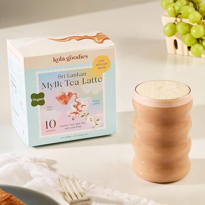 Kola Goodies - Oat Milk Tea Latte - Vegan - Mood Lifter w/Low Caffeine - Made with Loose Leaf Ceylon Tea, Oat Milk Powder, Monk Fruit Sweetener & Raw Coconut Sugar - Ready in 3 Minutes - 10 Sachets