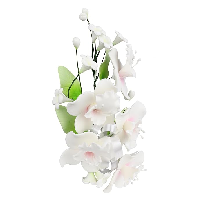 O'Creme Gumpaste Flower Spray, White Orchid - Edible Flowers for Cake Decorating - Sugar Paste Flower Decorations for Cakes, Candy, Cupcake Toppers - Birthday Party, Wedding, Baby Shower