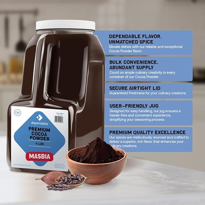 Dependable Foods Premium Cocoa Powder - 4 Lb. Jar - Dutch Processed - Bulk, Kosher, Rich Chocolate Flavor ??Allergen-Free, Gluten-Free, Non-GMO