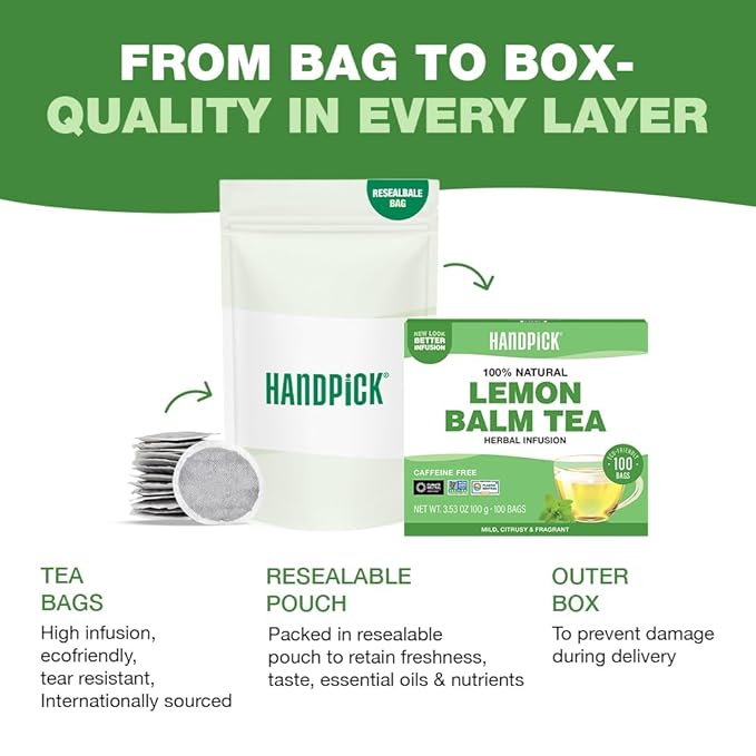 HANDPICK Lemon Balm Tea Bags ??100 Count | 100% Pure Natural Dried Lemon Balm Herb | Caffeine-Free Herbal Tea with Citrus Flavor & Aroma | Round Eco-conscious Teabags