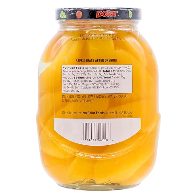 MW Polar Peach Slices in Light Syrup, glass Jar 20oz (pack of 6)