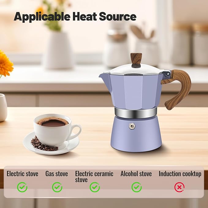 3 Cup Aluminum Moka Pot Purple Classic Stovetop Espresso Coffee Maker 150ml 5oz Coffeemaker Percolator Mocha Pot Greca Coffee Maker Cafe Makers for Italian and Cuban Cafì±?Brewing Purple