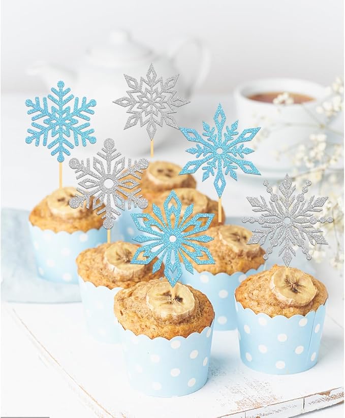 24PCS Glitter Snowflake Cupcake Toppers for Snowflake Decorations, Frozen Snowflake Cake Topper, Christmas Snowflake Cake Picks for Winter Decorations (Blue)