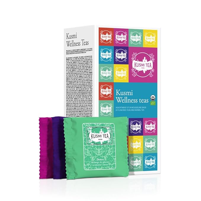Kusmi Tea - Organic Tea Gift Set - Sampler Assortment Variety Box - Gift Idea for Men and Women - Green Tea, Herbal Tea, Detox - A Selection of 6 Recipes - 24 Tea Bags - Kusmi Wellness Set