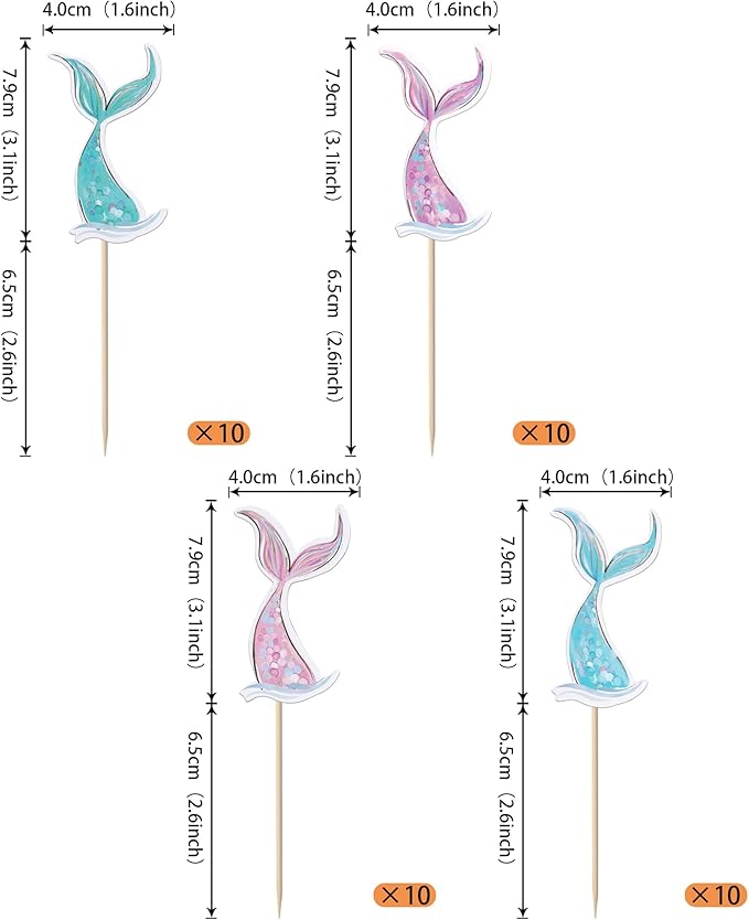 40 Pack Mermaid Cupcake Toppers Under the Sea Mermaid Tail Cupcake Picks for Summer Ocean Sea Animal Theme Baby Shower Kids Birthday Party Cake Decorations Supplies