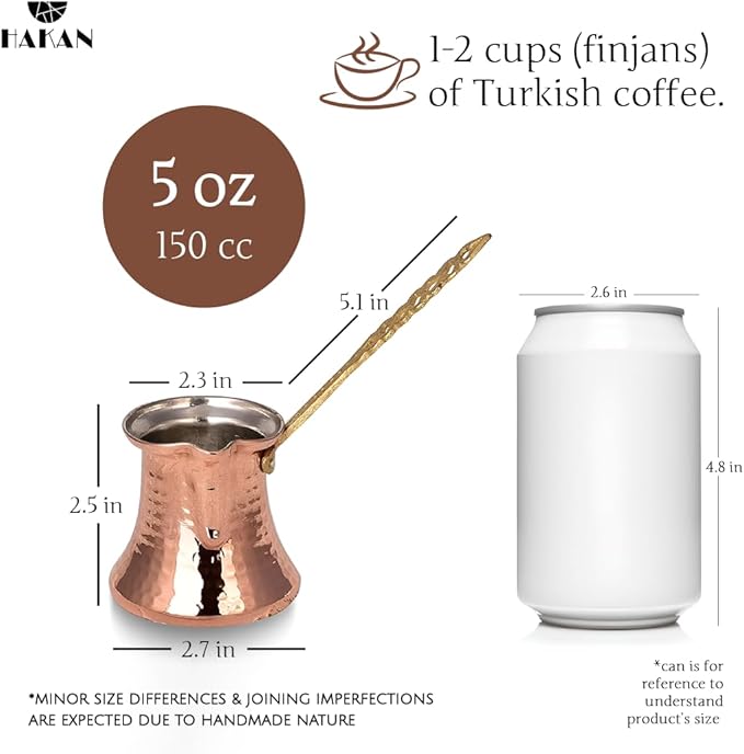Hakan Turkish Coffee Pot | Stove Top Water Boiler, Coffee Maker, Butter, Chocolate & Milk Warmer | Even and Quick Heat with Handcrafted Copper Material | Coffee Gifts Idea, 5 Oz (150 cc)