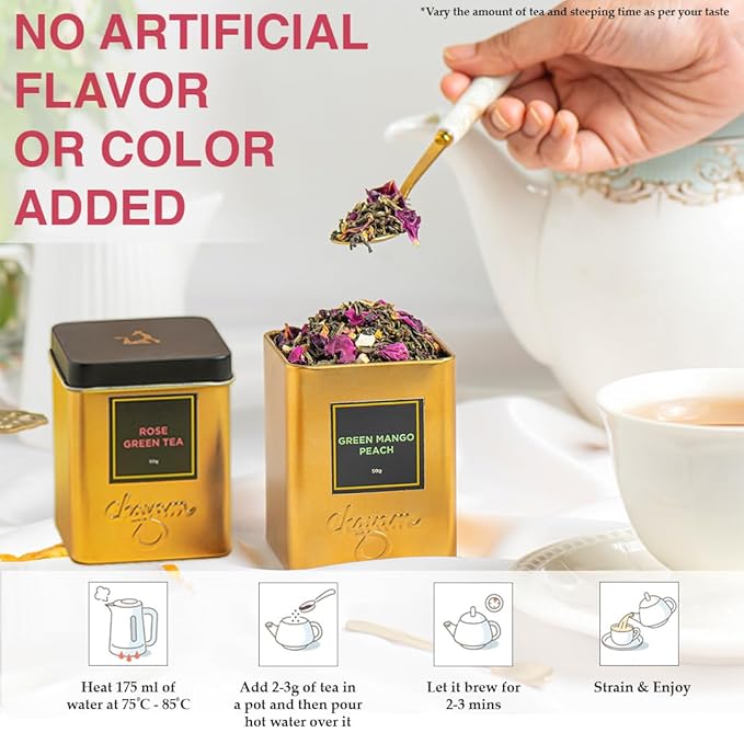 CHAYAM Mango,Peach & Rose Green Tea Tin Set | 50g Each | Refreshing Combo in Tin box | Fruity Mango tea and Floral Rose Green Loose Tea - Combo Tea Set