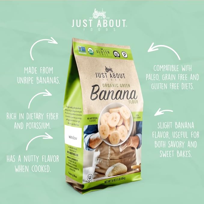 Banana Flour | USDA Organic | Vegan, Paleo, Gran and Gluten Free | High in Fiber and Potassium | 1 Pound (Pack of 2) | Just About Foods