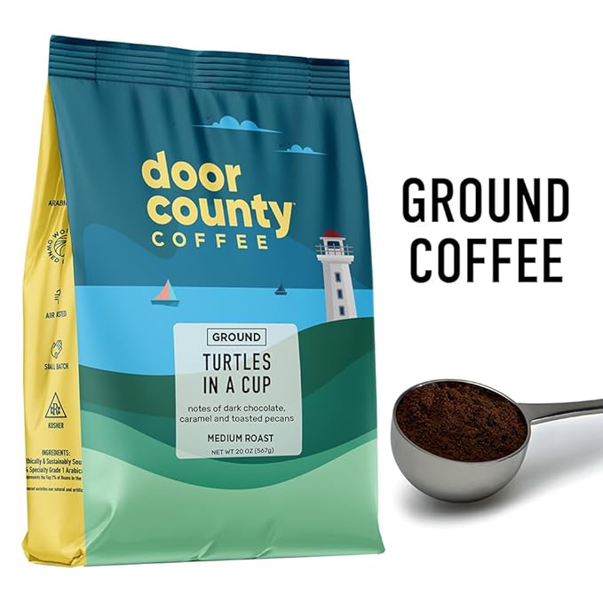Door County Coffee, Turtles in a Cup, Toasted Pecans & Chocolate Flavored Coffee, Medium Roast, Ground 20 oz Bags