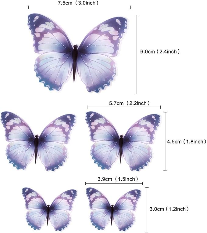 30pcs Bule Purple Mixed Size Lively 3D Waterproof Butterfly Cupcake Topper for Girls Women's Happy Birthday Wedding Party Cake Wall Party Food Decorations