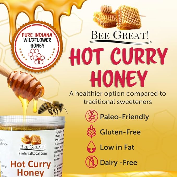 Curry Hot Honey, All-Natural Hot Honey Sauce for Chicken, Fish & Shrimp, & More Gluten-Free Spicy Honey Hot Sauce, Made in USA, 8 Oz, by Bee Great