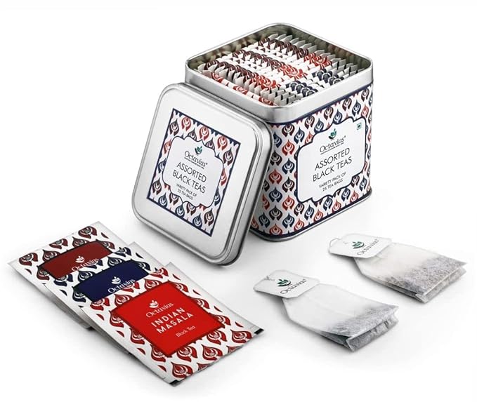 Octavius Assorted Black Tea Sampler Pack | Darjeeling/Classic Assam/Indian Masala/English Breakfast | 3 Flavors in 25 Tea Bags | Pack of 1