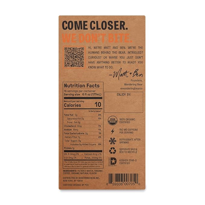 Wandering Bear Organic Hazelnut Cold Brew Coffee On Tap, 96 fl oz - Extra Strong, Bold, Smooth, Unsweetened, Shelf-Stable, Ready to Drink, Gluten Free, & Vegan, Iced Cold Brewed Coffee Drinks