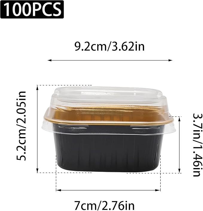 100 Pack 5oz Aluminum Pans with Lids Mini Square Foil Baking Cups with Lids Cupcake Baking Holders, Black Gold