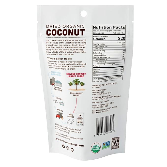 Mavuno Harvest Coconut Chips Dried Fruit Snack | Unsweetened Organic Dried Coconut Strips | Gluten Free Snack | Healthy Snacks for Kids and Adults | Vegan, Non GMO, Direct Trade | 2 Ounce, Pack of 3