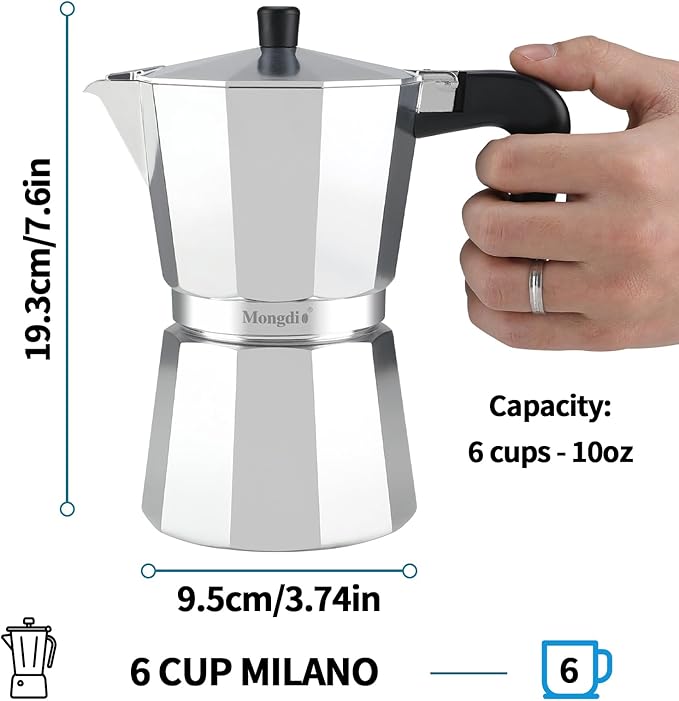 Mongdio Stovetop Espresso Maker Moka Pot, Stove Top Cuban Coffee Maker, Italian Greca Mocha Pot, 6 Espresso Cups, 10 oz - Silver