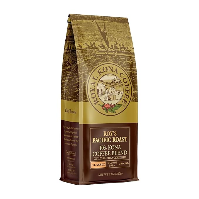 Royal Kona 10% Kona Coffee Blend, Roy's Pacific Medium-Dark Roast Groudn Coffee, A Taste of Aloha, 8 Ounce