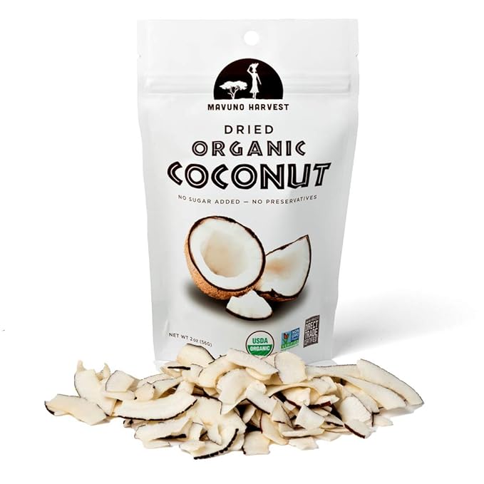 Mavuno Harvest Coconut Chips Dried Fruit Snack | Unsweetened Organic Dried Coconut Strips | Gluten Free Snack | Healthy Snacks for Kids and Adults | Vegan, Non GMO, Direct Trade | 2 Ounce, Pack of 3