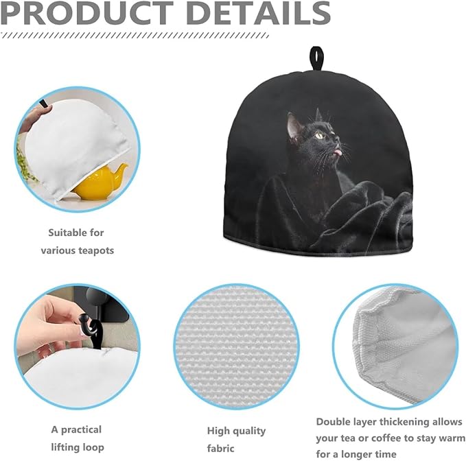 Black Cat Pattern Cow Tea Cozy for Teapot Thanksgiving Day Customized Teapot Covers Dome Teapot Cover with Handle Dust Cover Kitchen Kettle Dust Cover Can Hung and Folded 竊뉰lack竊?"<div>