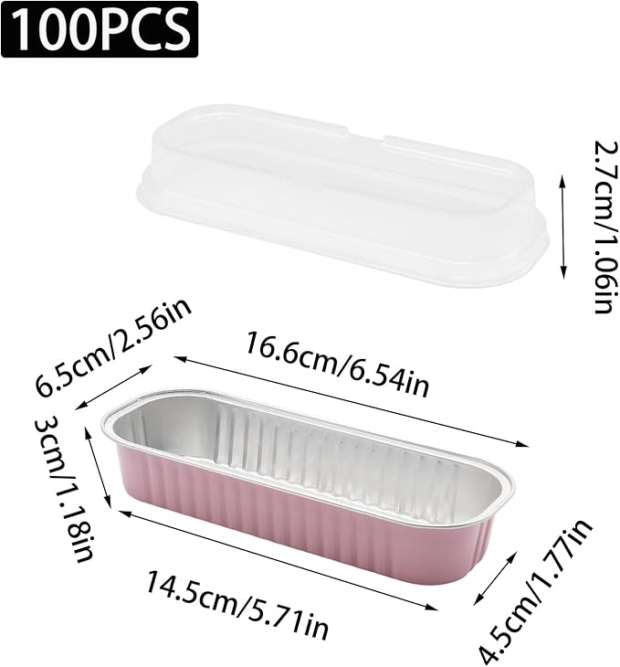 100 Pack 6.8oz Aluminum Cake Pans with Lids Rectangle Mini Loaf Pans Baking Cups Disposable Cupcake Baking Tins with 100 Pcs Plastic Spoons, Pink
