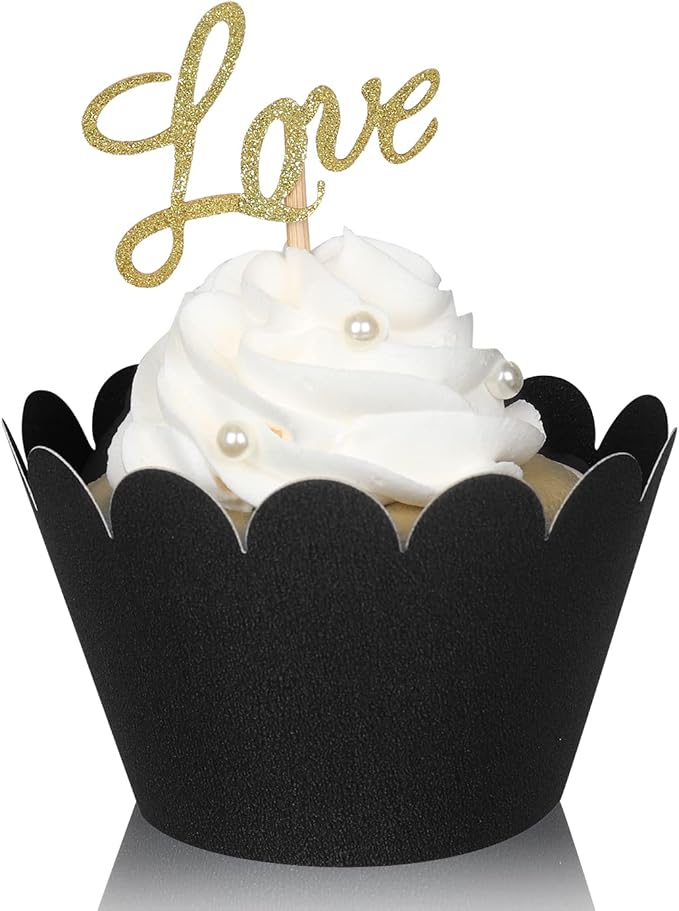 KPOSIYA Set of 100 Artistic Bake Cake Cups Filigree Little Vine Lace Laser Cut Cupcake Wrapper Liner Baking Cup Muffin CaseTrays for Wedding Birthday Party Decoration-Best Kitchen Gift (Black)