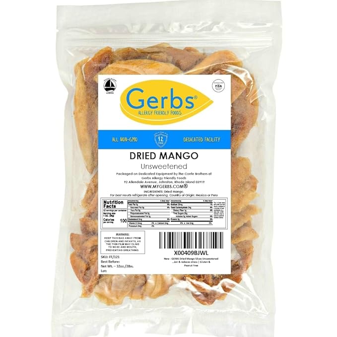 Gerbs Dried Mango Slices Unsweetened 2 lbs. | Dehydrated, Unsulfured, Resealable Bag | Naturally Sweet & Chewy | Top 14 Allergen-Free