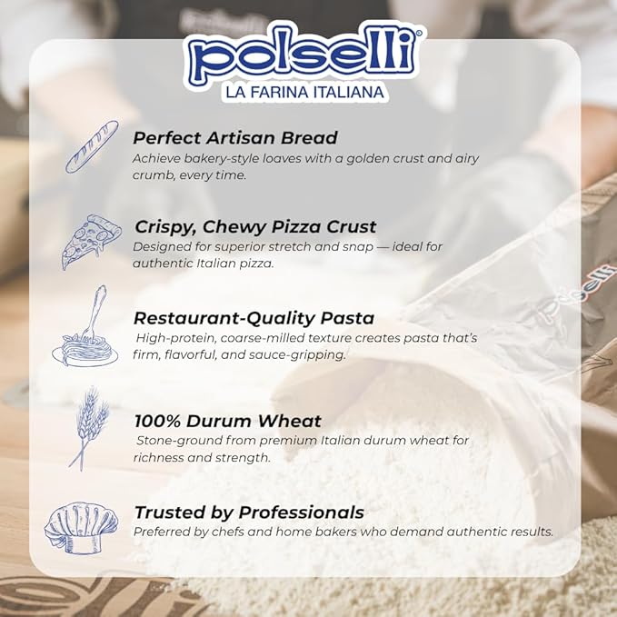 POLSELLI 2 Pack x 1 kg, Semola Flour, Semolina Rimachinata di grano duro, Great for Bread, Pizza, or Pasta making