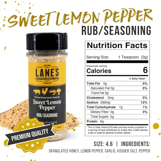 Lane's Sweet Lemon Pepper Seasoning, All-Natural Lemon Seasoning Blend with Citrus, Lemon Pepper Powder, and Honey, Made in USA, 4.6 Oz