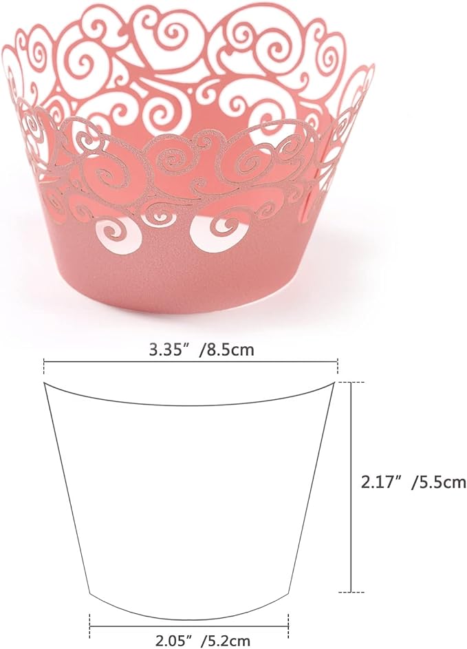 Cupcake Wrappers, KPOSIYA 50 Pack Cupcake Wraps Filigree Artistic Bake Cake Paper Cup Little Vine Laser Cut Liner Baking Cups Muffin Case Trays for Wedding Party Birthday Decoration (50, Pink)