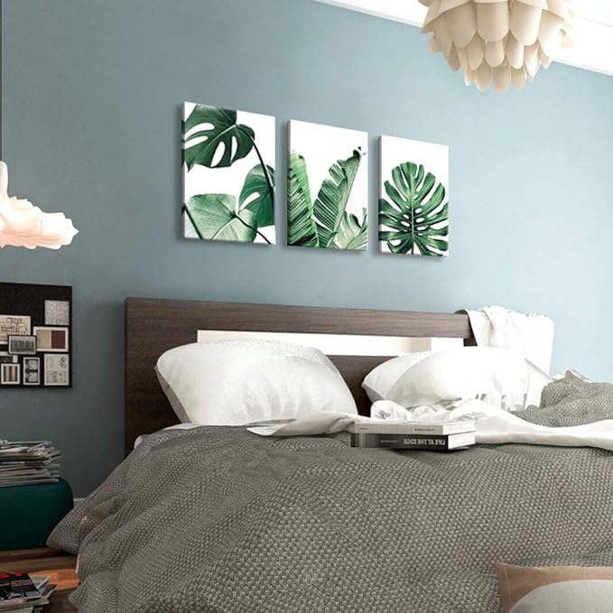 Canvas Wall Art Green Leaf Simple Life Painting Dathroom Wall Decor Monstera Plant 3 Pieces Framed Canvas Pictures Contemporary Watercolor Artwork Ready to Hang for Home Decoration Office Wall Decor