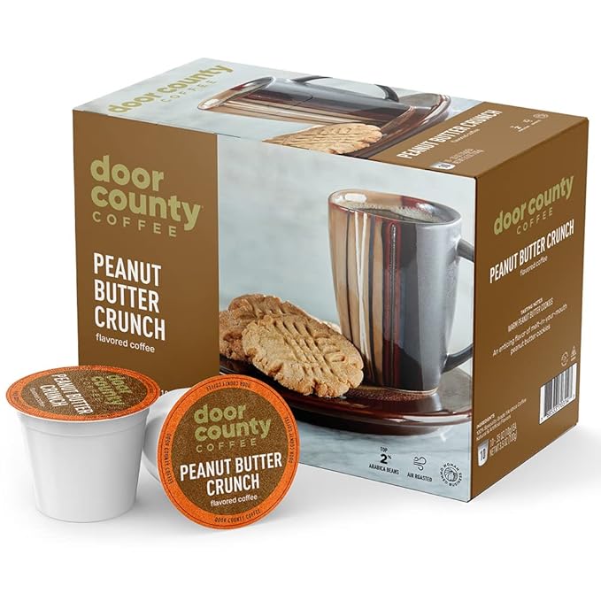 Door County Coffee Peanut Butter Crunch Flavored Ground | 30 Count Single Serve Cups | Medium Roast | 100% Specialty Arabica | Flavored Gourmet | Peanut Butter Flavored