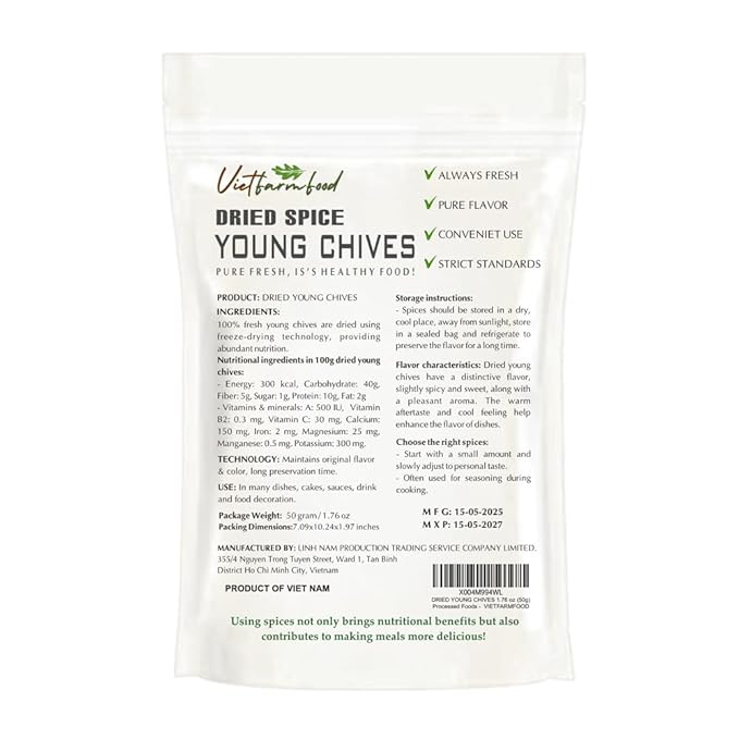 DRIED YOUNG CHIVES 1.76 Oz (50g) VIETFARMFOOD: Pure, natural freeze-dried spice made from real vegetables and fruits - perfect for enhancing every meal, from cooking, baking, salads, soups, sauces