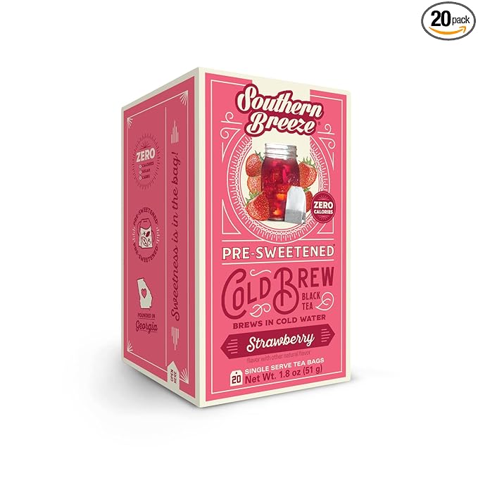 Southern Breeze Cold Brew Sweet Tea Strawberry Iced Tea with Black Tea and Zero Carbs Zero Sugar, 20 Individually Wrapped Tea Bags Southern Sweet Tea Iced Tea Beverage