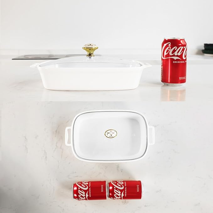 10" x 7" Ceramic Rectangular Casserole Dish with Glass Lid, 1.3 Quart White Serving Soup Tureen,Chafing Dish for Buffet, Family Food preserve Tray, Catering Casserole for Party Style