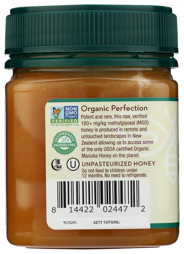 Wedderspoon Raw Premium USDA Certified Organic Manuka Honey, 100+ MGO, 8.8 Oz, Unpasteurized New Zealand Honey, From Our Hives to Your Home