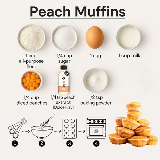Dolce Flav Peach Extract ??2 Ounce Oil-Soluble Kosher, Sugar-Free, Concentrated Juicy Peach Flavoring for Baking, Chocolates & Desserts, Includes Measured Dropper