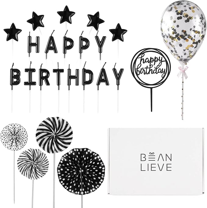 BEAN LIEVE Birthday Candles Set - Cake Topper Decoration with Cake Candles Confetti Balloon Stars and Fan Cupcake Toppers 12 Pieces Birthday Cake Decor for Birthday Party Celebration (Black)