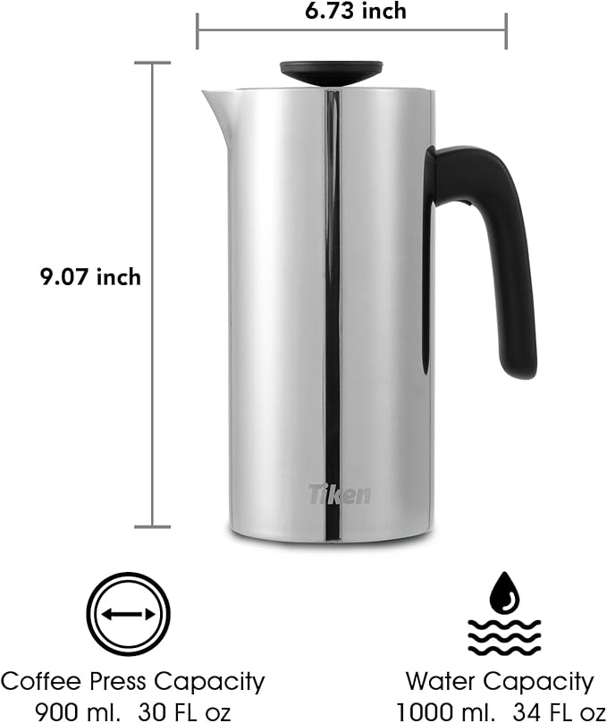 Tiken French Press Coffee Maker Stainless Steel Double-wall Vacuum Insulated Coffee Press Dishwasher Safe, 34Oz Silver