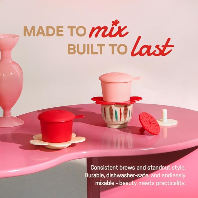 ??Vietnamese Coffee Dripper ??MIX COLORS ??Pour Over Coffee Maker with Flower Design ??Reusable Coffee Filter for Sustainable Brewing (Pink + Ivory)