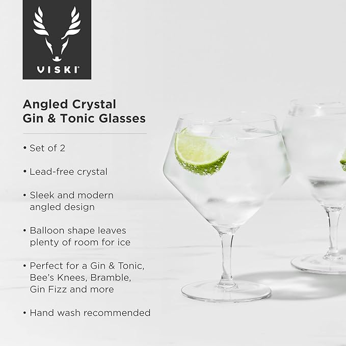 Viski Raye Angled Stemmed Gin and Tonic Glasses Set of 2 - Premium Crystal Clear Cocktail Gin Glasses for Gin Lovers Gift Set - 14oz