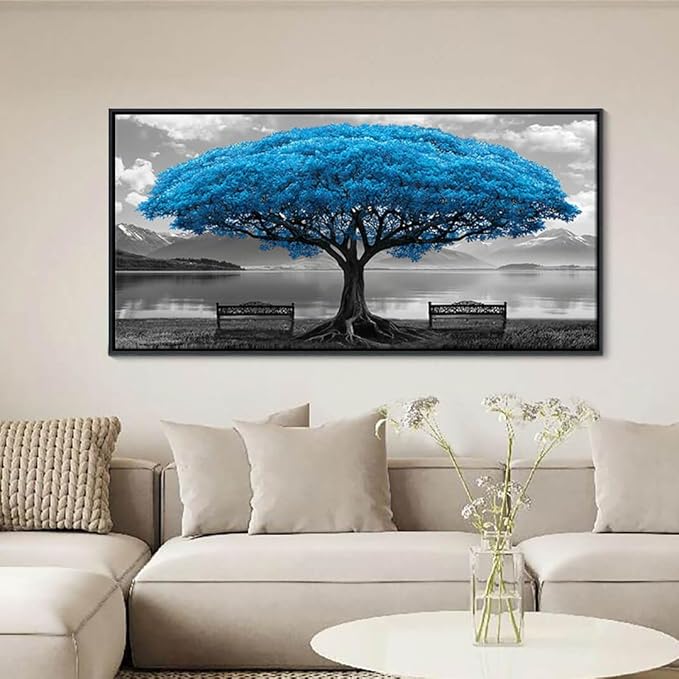 Blue Tree Framed Canvas Wall Art for Living Room Large Size Wall Decor For Bedroom Black And White Wall Pictures Lake Scenery Wall Painting Office Decor Room Home Decoration Black Framed 24X48IN