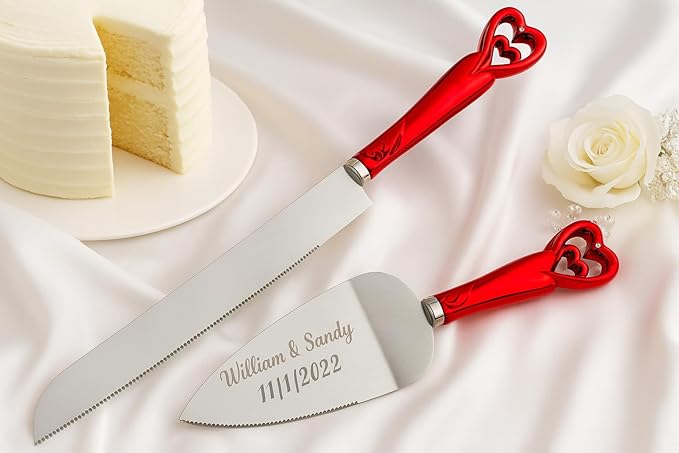 GIFTS INFINITY Personalized Wedding Cake Knife and Server Set Free Engraving - Valentine's, Wedding, Bithday (2541-RD)