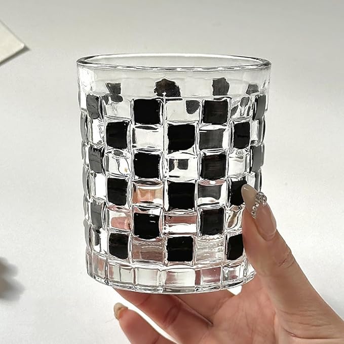 4 Pcs Black Woven Relief Glass Cups 10.5 OZ Drinking Glassware Cocktail Glasses for Iced Coffee Juice Tea Beverage Milk Wine