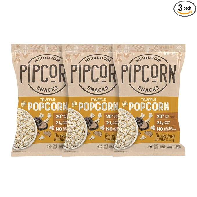 Pipcorn Heirloom Truffle Mini Popcorn - (3 Pack of 4.5oz Bags) - Vegan, No Artificial Anything, Non-GMO Heirloom Corn, No Preservatives, Soy Free, Zero Trans Fat, Gluten Free
