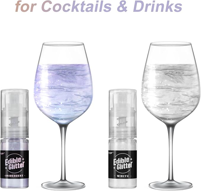 Sujoygar Edible Glitter Spray 2 Colors, White and Iridescent Edible Glitter for Cocktails, Shimmer Powder Luster Dust Edible for Cake Drink Strawberrie Cupcake Cookies Wedding Baking Decoretion, Vegan(5g/Bottle)