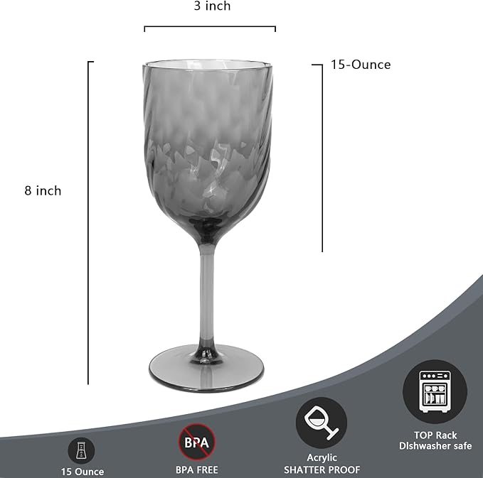 Yalin Set of 6 Unbreakable 15 oz Acrylic Plastic Wine and Water Tumbler Stackable Goblets. (Gray, 15 oz)