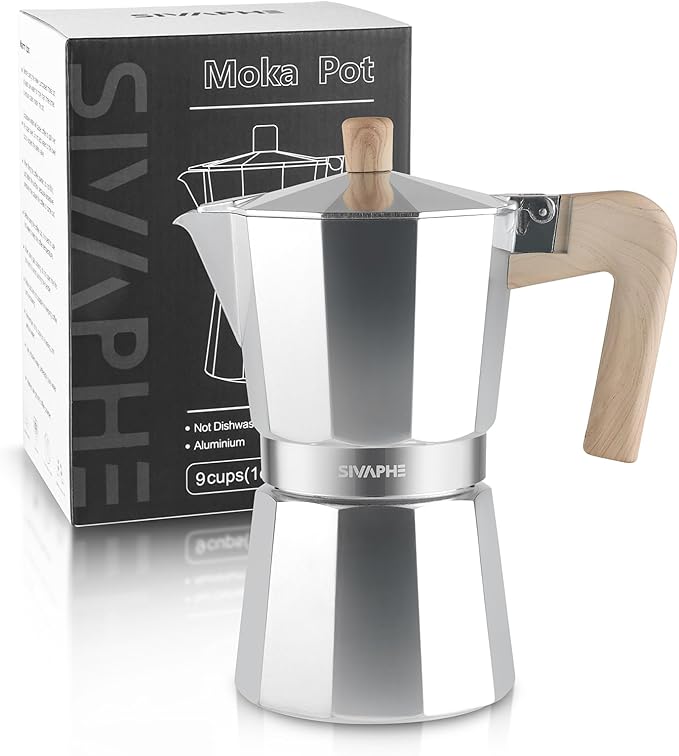 Sivaphe Aluminum Moka Pot 9 Espresso Cups, Percolator Espresso and Coffee Maker, Portable Stove top Italian and Cuban Cafì±?Brewer for Home and Camping Sliver