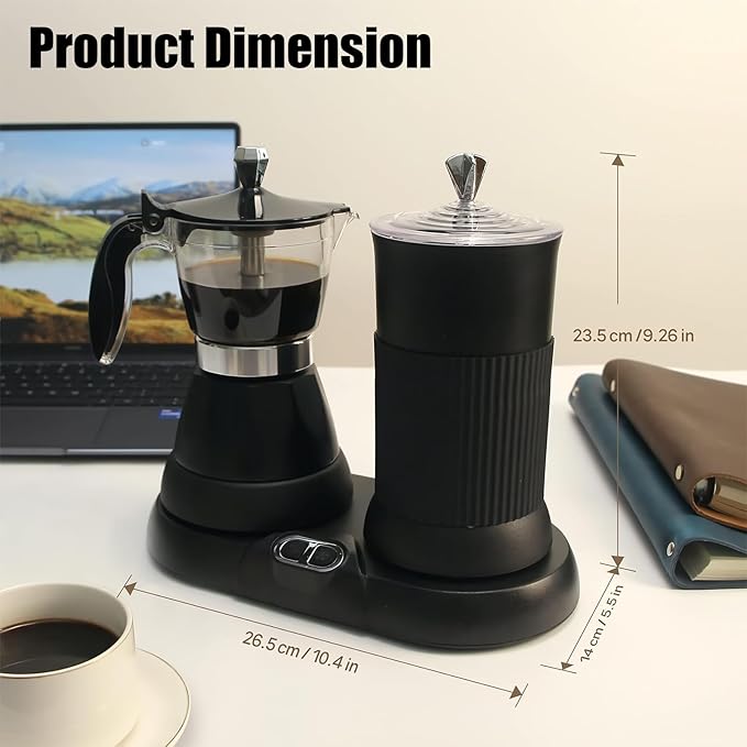Espresso Maker with Milk Frother Electric Moka Pot 2-in-1 Espress Machine Aluminium One-Touch Operation Milk Froth Fine and Dense Black 110V